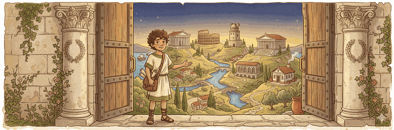 A student standing at the doorway of a classical landscape with ancient landmarks.
