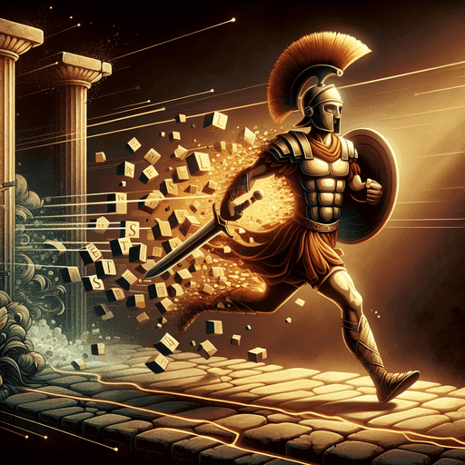 A classical typing challenge scene with letters flying across a stone path.