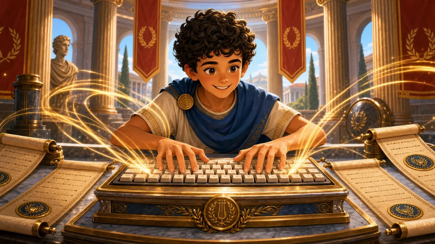 A classical typing challenge scene with letters flying across a stone path.