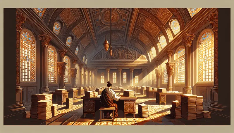 A sunlit classical exam hall prepared for Latin study.