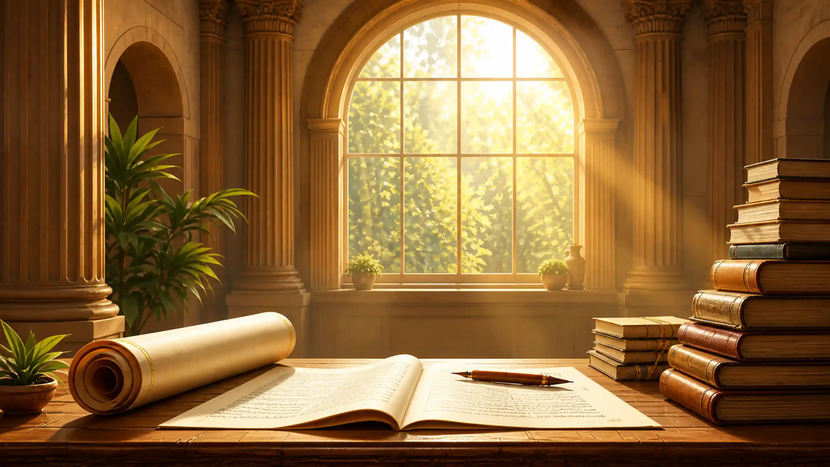 A sunlit desk with a Latin scroll, open book, and classical study materials.