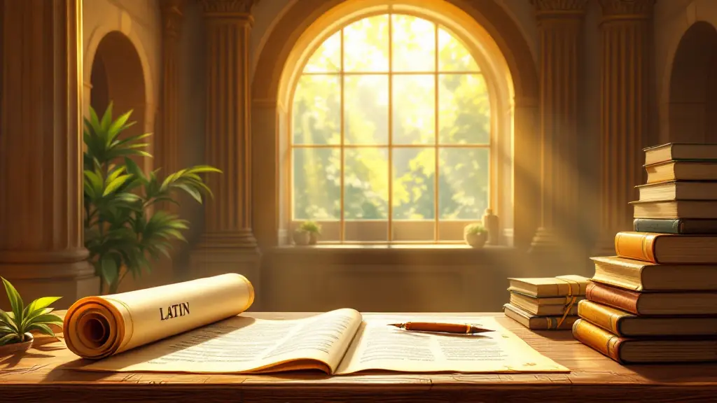 A sunlit desk with a Latin scroll, open book, and classical study materials.