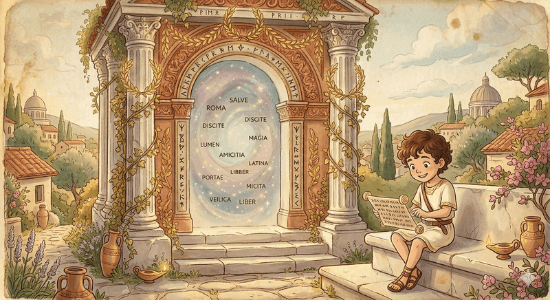 A young student reading Latin beside a classical vocabulary gate.