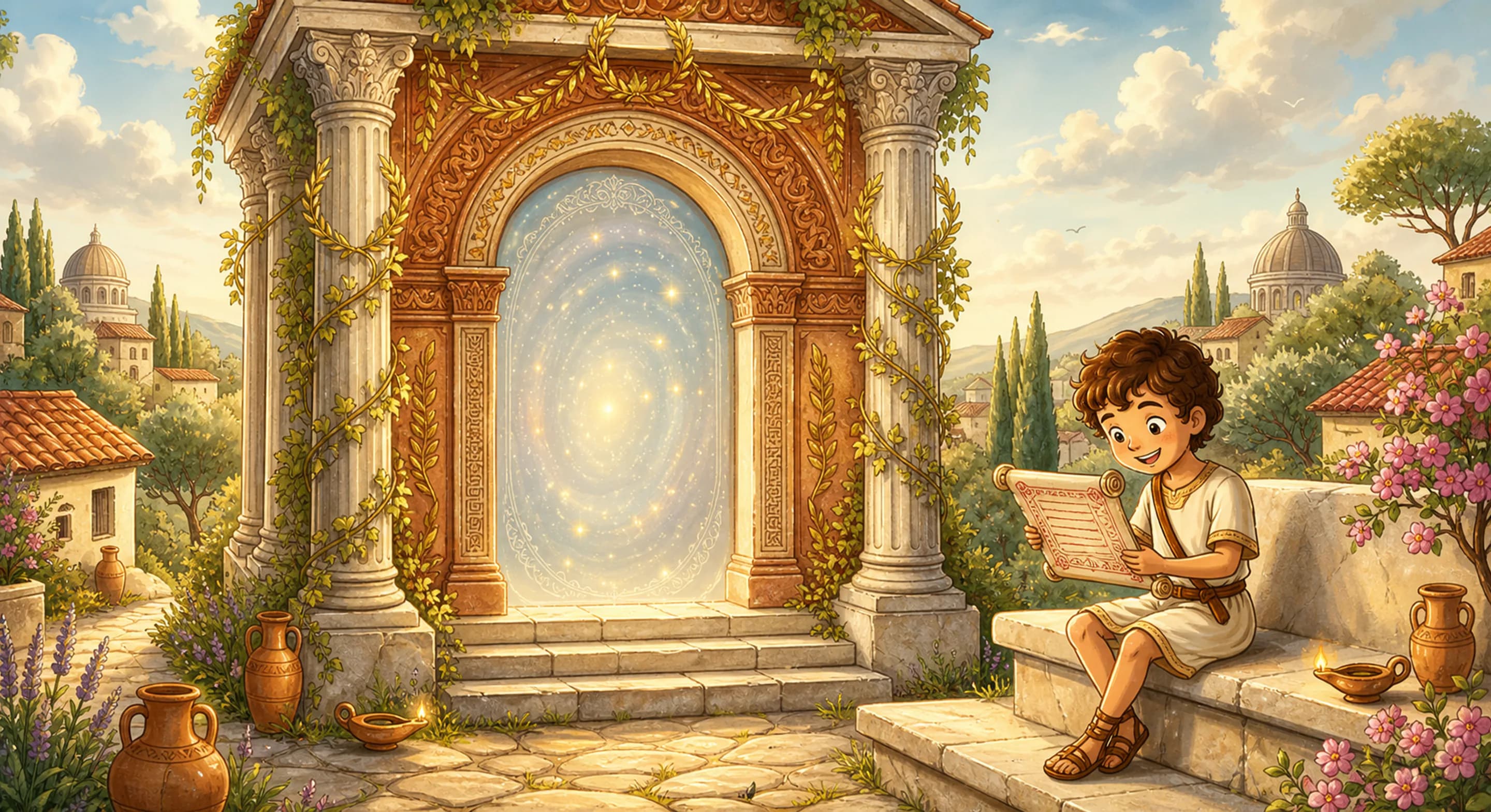 A student reviewing Latin vocabulary beside a classical gate.