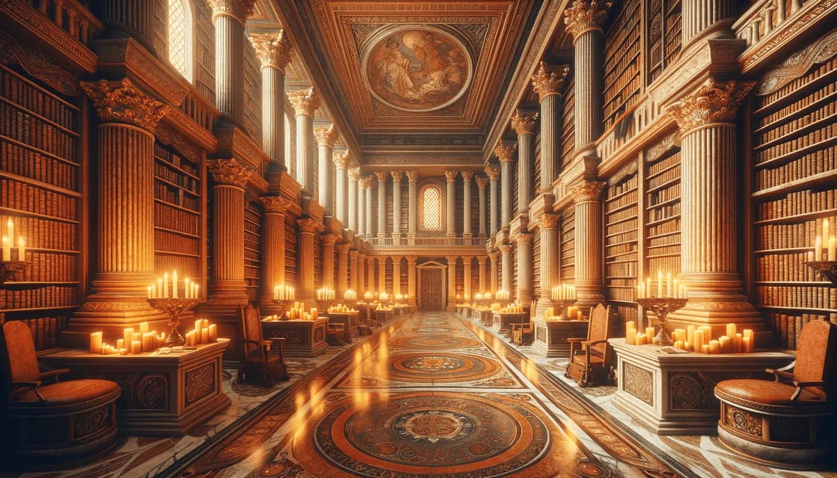 A candlelit classical library lined with books and columns.