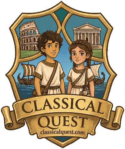 Classical Quest shield logo with Marcus and Marina