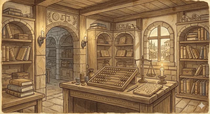 A warm classical math room with an abacus, balance scale, books, and counting tools.