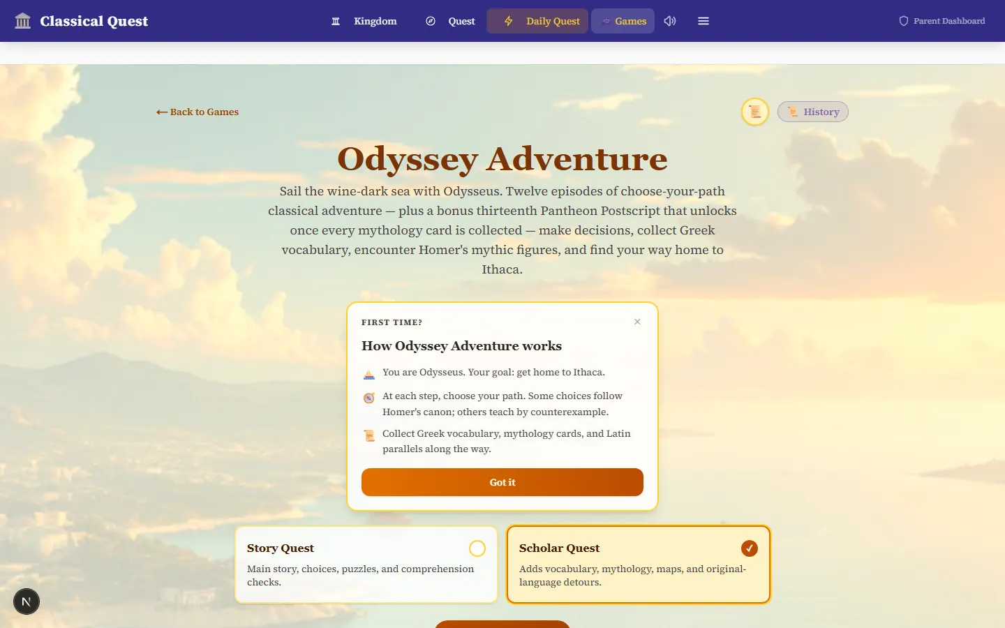 The Odyssey Adventure lobby — thirteen canonical episodes ready to begin