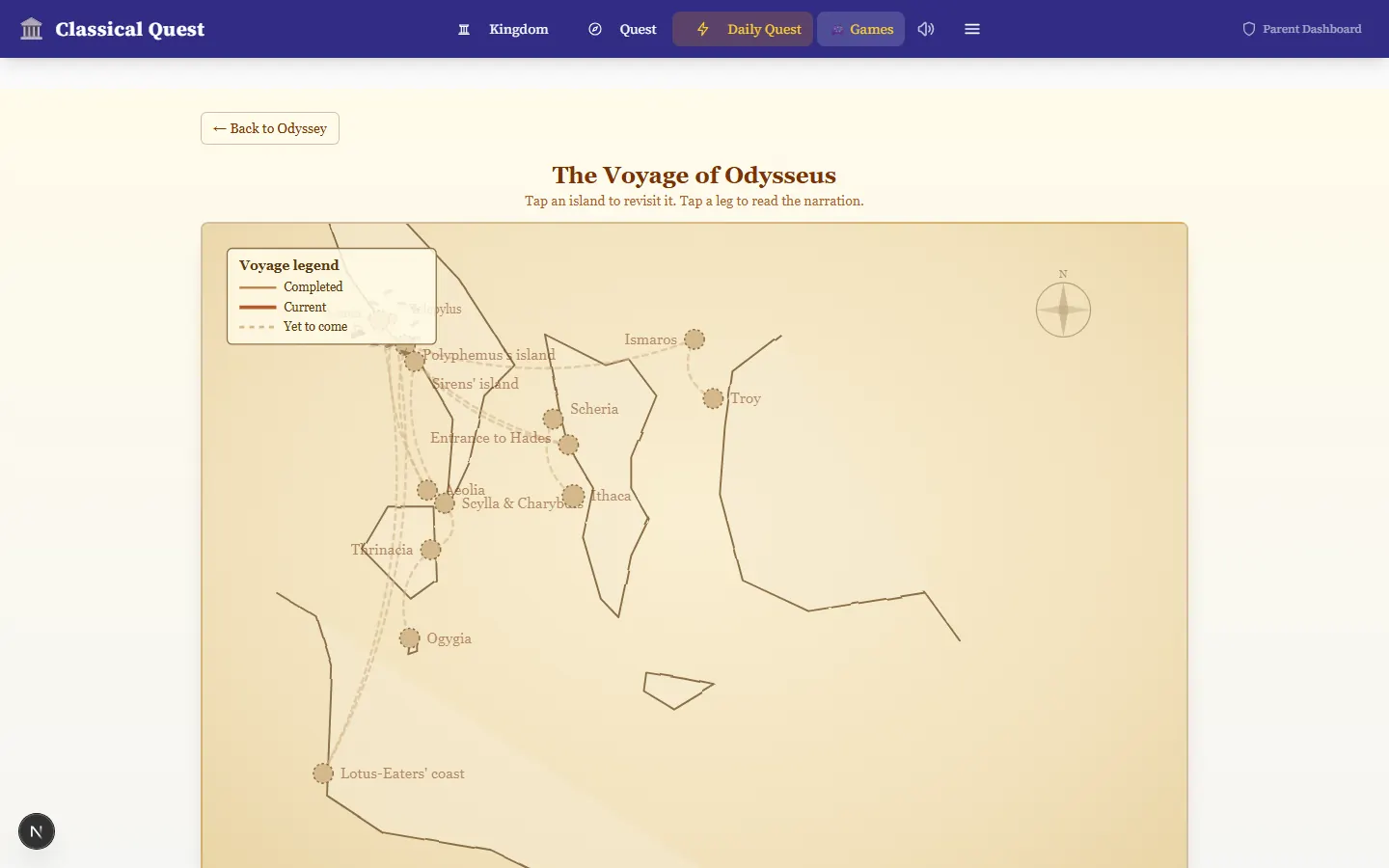 The Odyssey voyage map — an illustrated portolan chart of the Mediterranean
