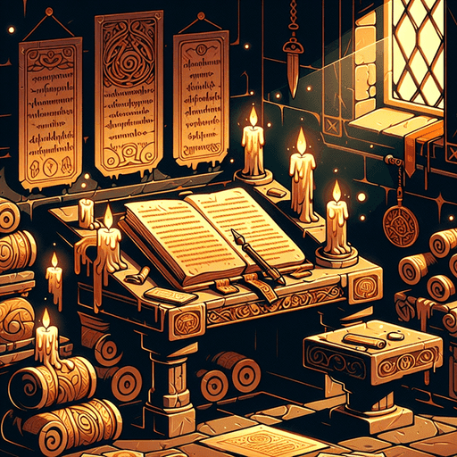 A candlelit scriptorium with open books, scrolls, and memory-work notes.