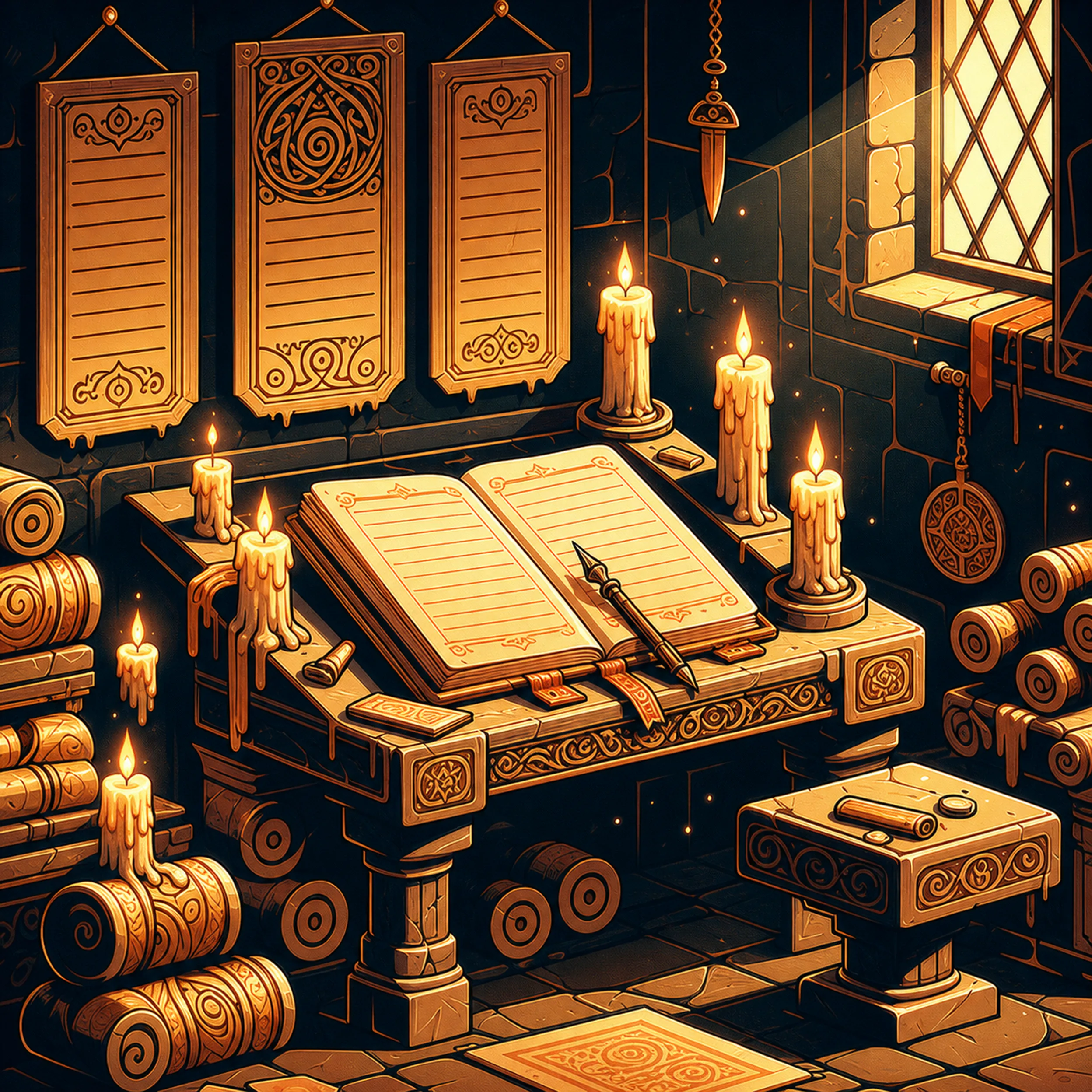 A candlelit scriptorium with open books, scrolls, and memory-work notes.