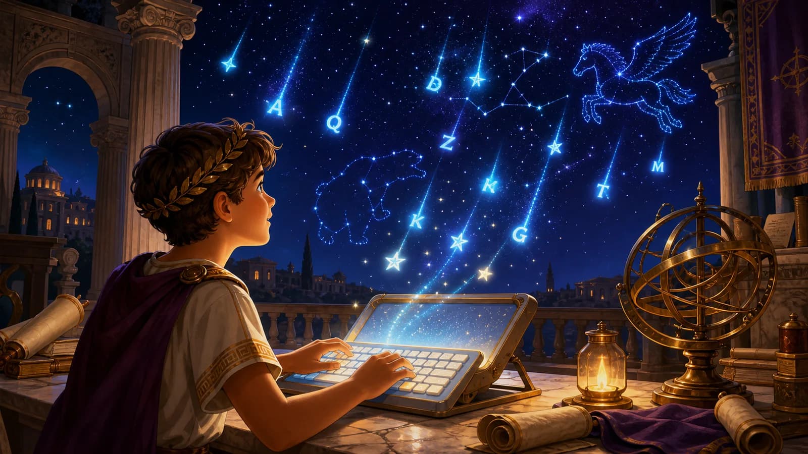 A Roman student typing under falling star letters in an observatory