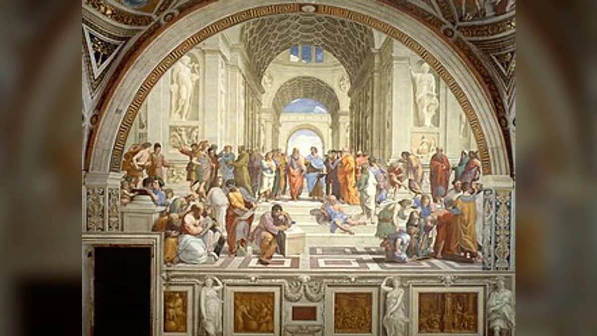 Figures gathered beneath classical arches in The School of Athens
