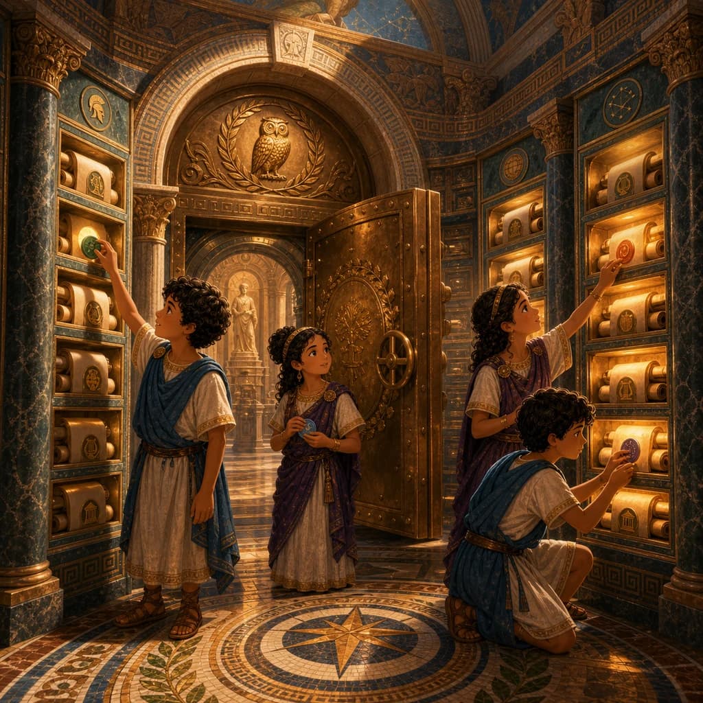 A glowing classical memory vault with gold cases, blue light, and arched windows.