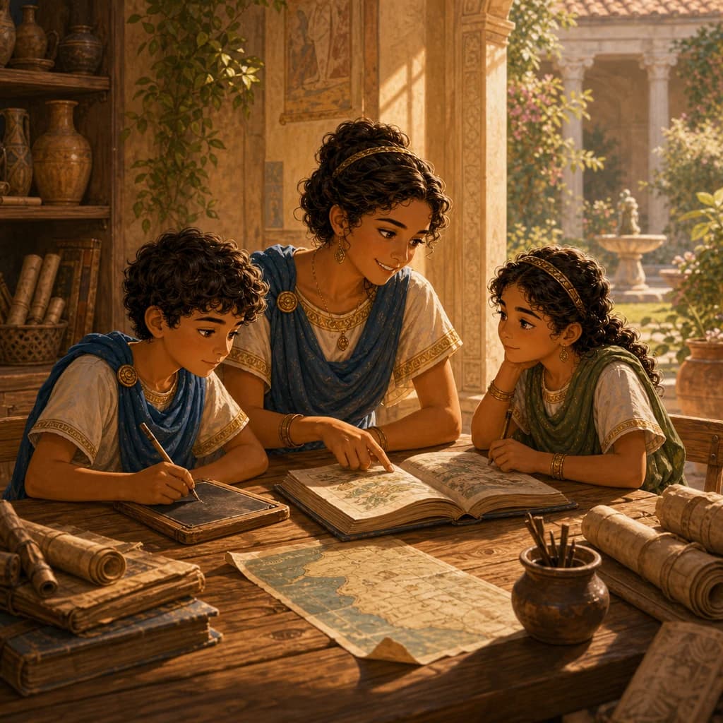 A parent and child reviewing memory work together at a kitchen table.