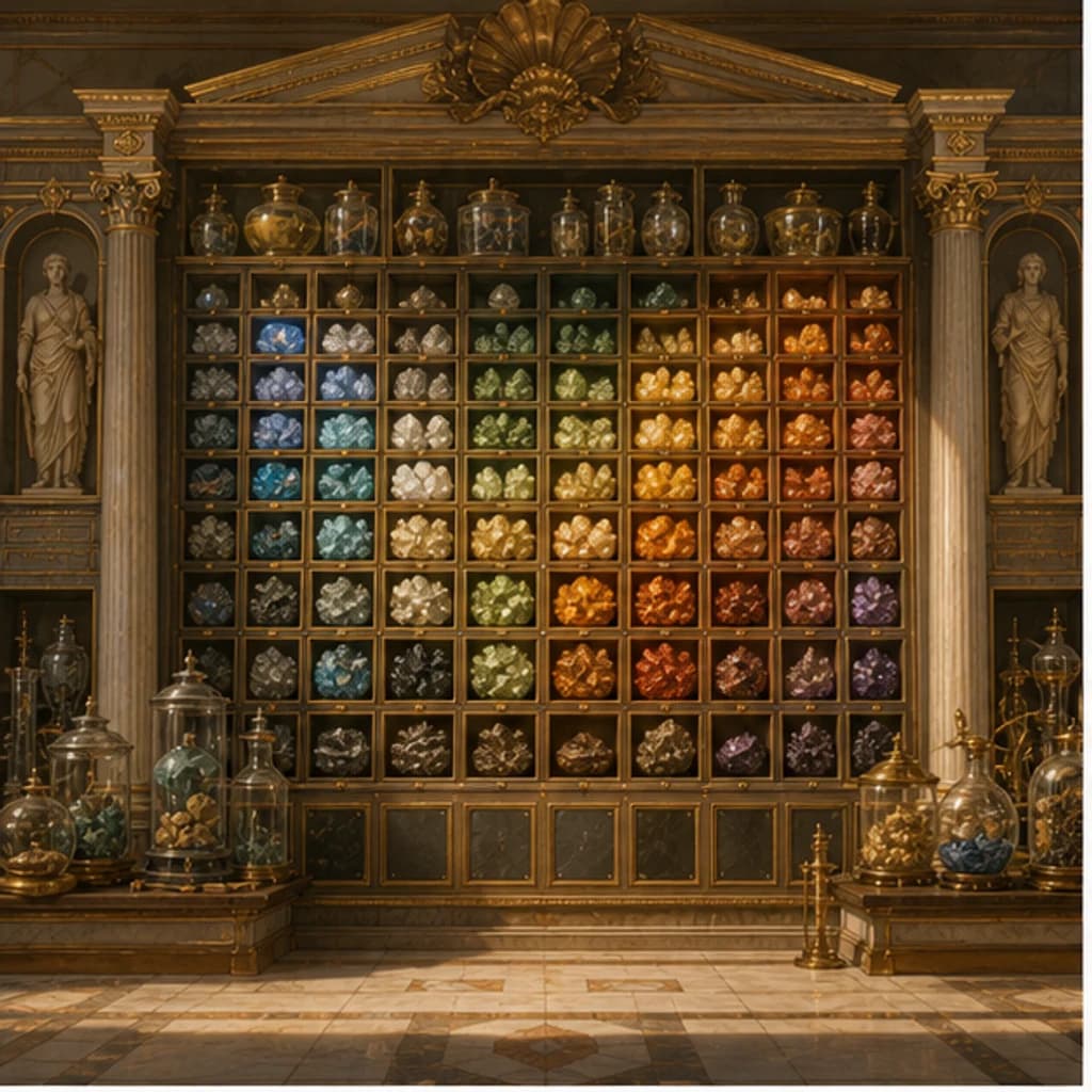 Science reference cabinet with minerals and elements.