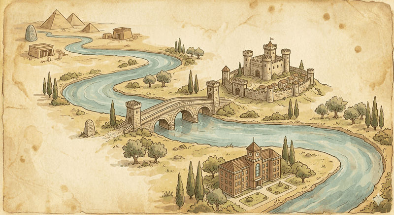 A river timeline flowing from ancient pyramids toward later classical eras.