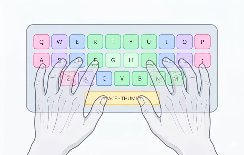 Transparent hands resting on a color-coded typing keyboard with index fingers on F and J