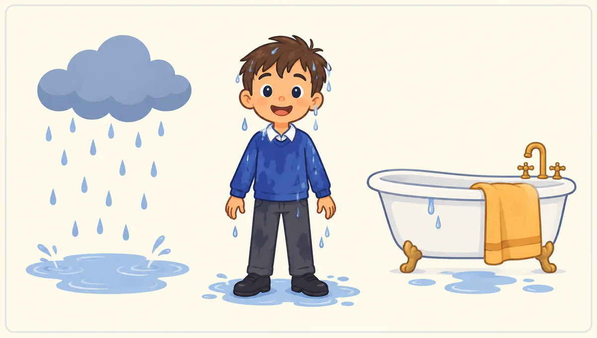 Thomas is soaking wet between a rain cloud and a bathtub, showing that being wet can have more than one cause.